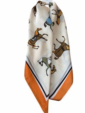 Equestrian Print Silk Scarf in White & Orange